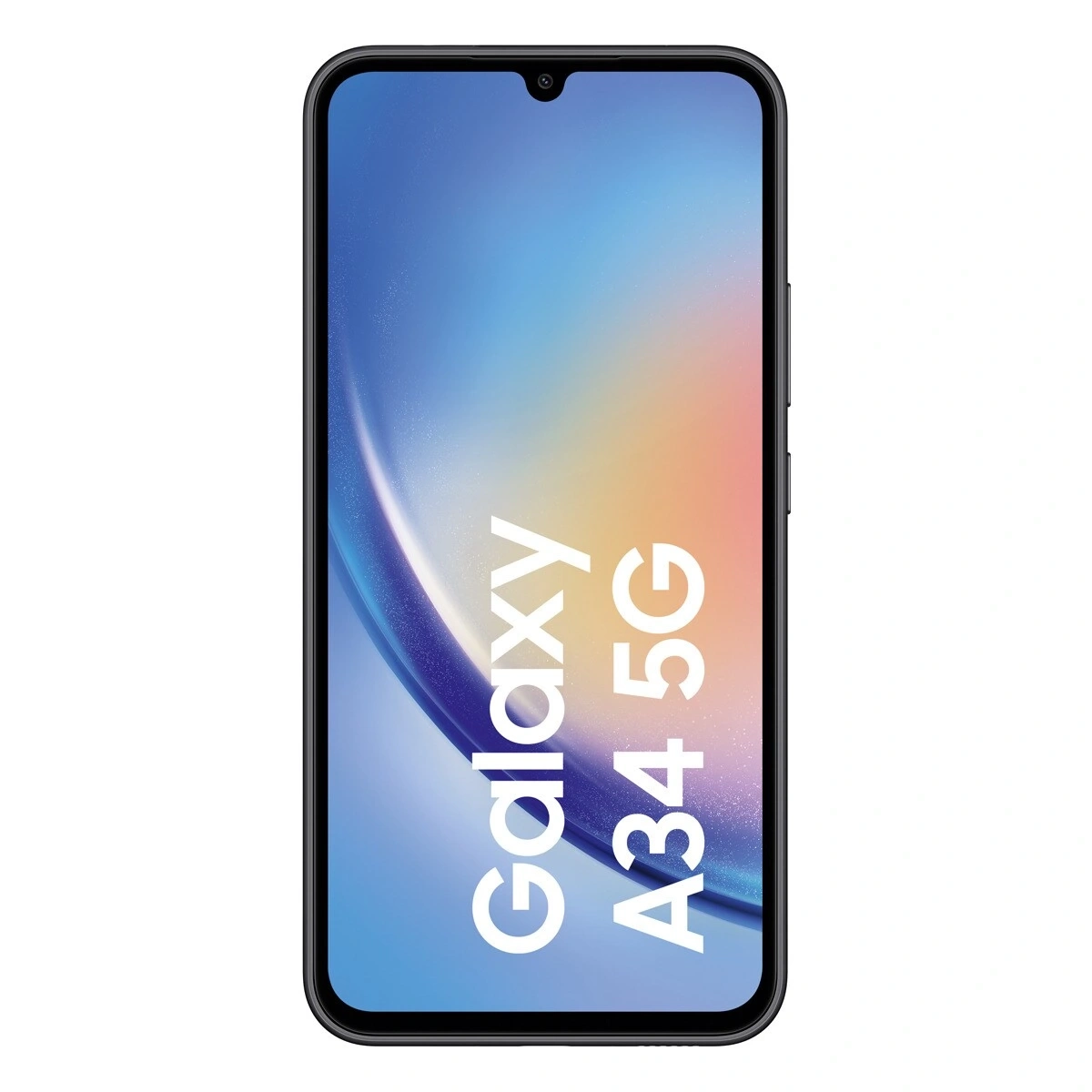 Ein schwarzes Samsung Galaxy A34 5G Smartphone ist auf weißem Hintergrund abgebildet.