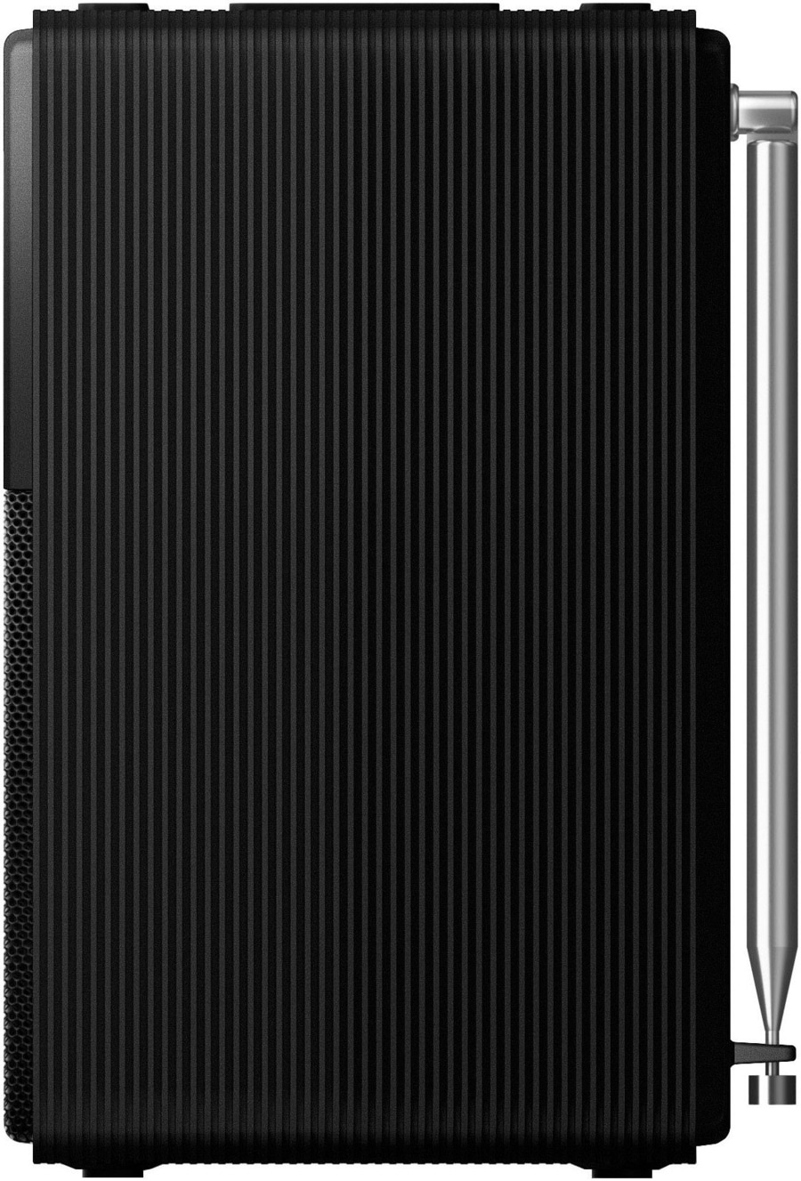 Schwarzer Kasten mit vertikalen Rillen und silbernem Stab