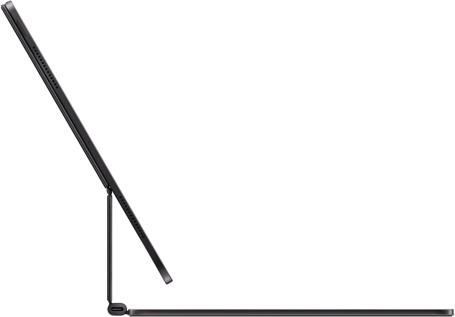 Schwarzes Tablet mit Tastatur, die in einem Winkel steht, Seitenansicht, Technologie