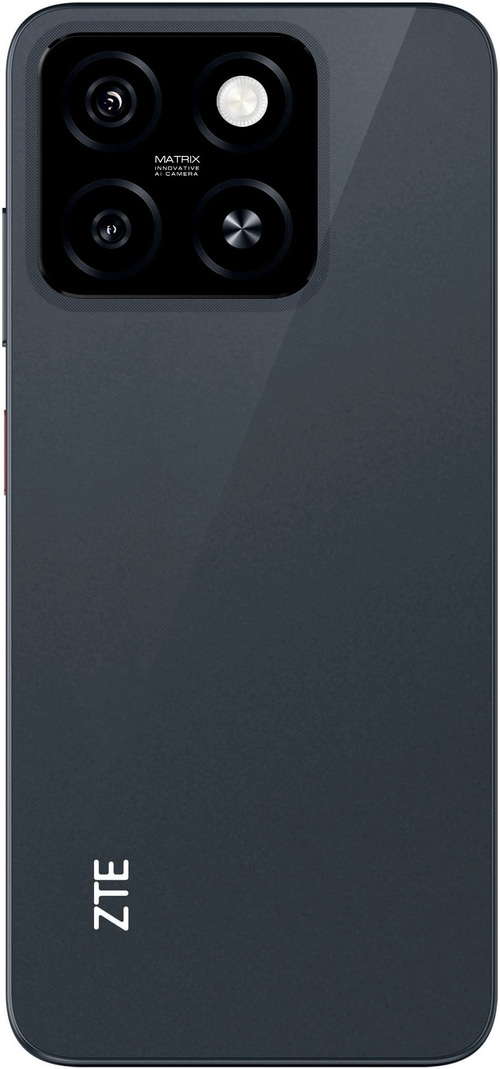 Dunkelgraues Smartphone mit Matrix-Kamera und ZTE-Logo auf der Rückseite.