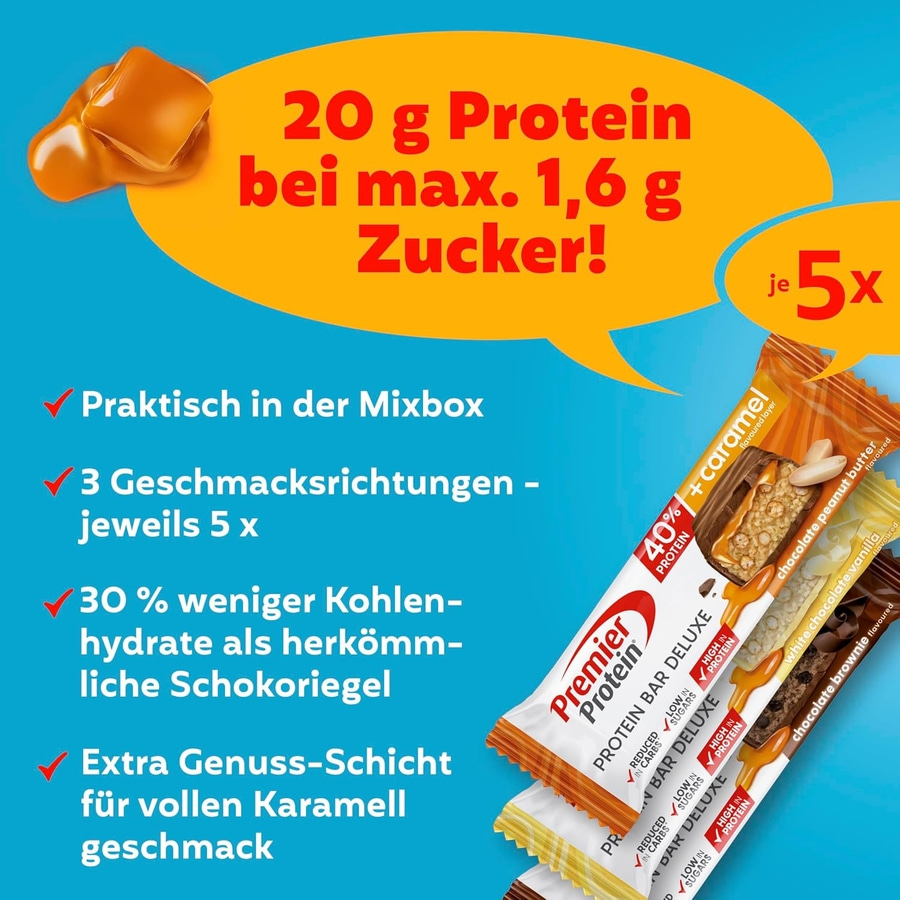 Proteinriegel mit Karamellgeschmack, 20 g Protein, wenig Zucker.