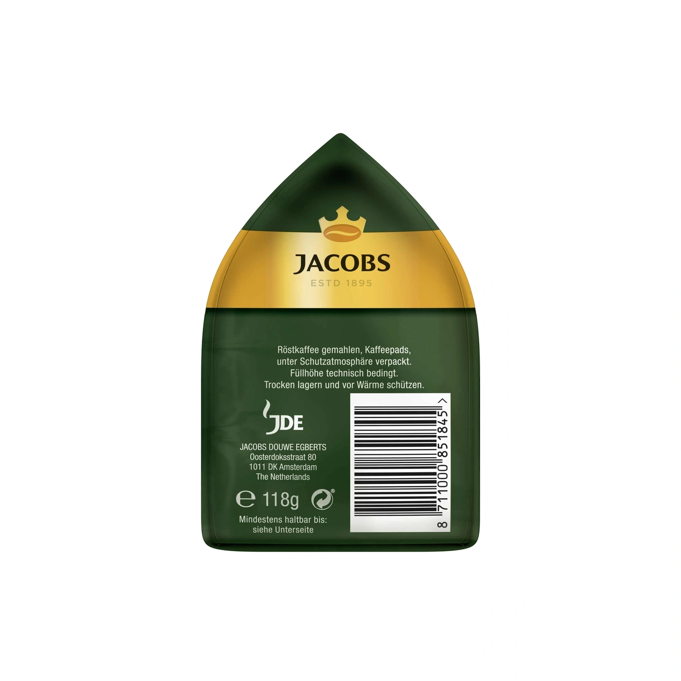 Kaffeepads von Jacobs, verpackt in einer grünen und goldenen Verpackung, mit Barcode und Logo.