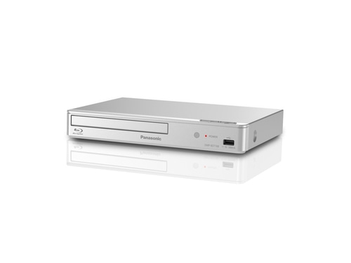 Silberner Panasonic Blu-ray-Player mit Power-Anzeige und USB-Anschluss, Modell DMP-BDT168.
