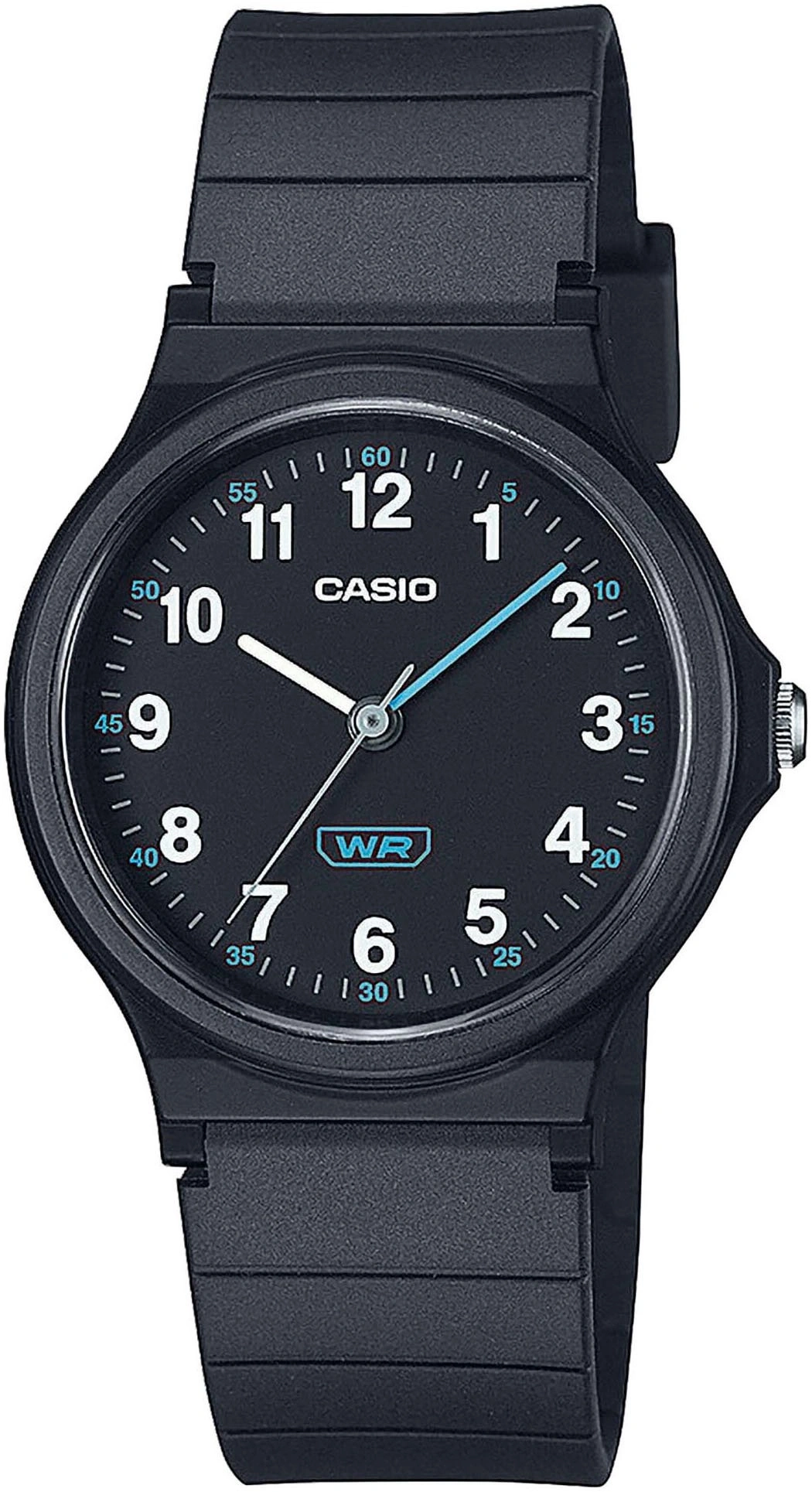 Schwarze Casio Armbanduhr mit weißen Ziffern und blauen Zeigern.