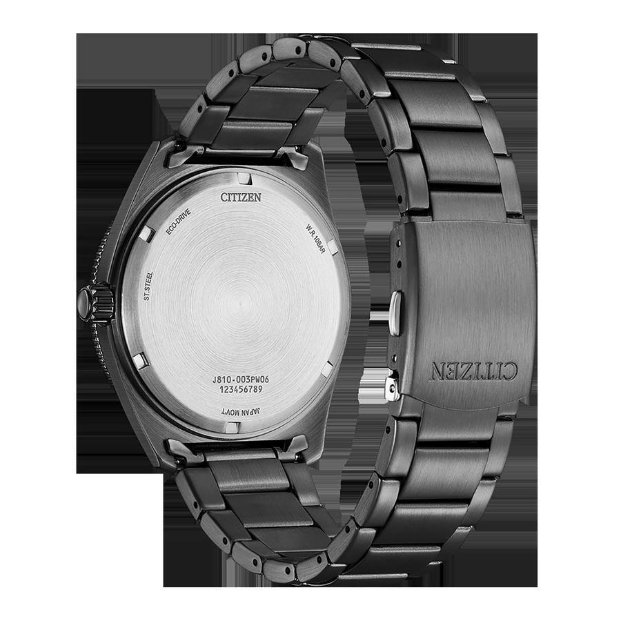 Citizen-Uhr, Rückseite, Details, Eco-Drive, Edelstahl, W.R.10BAR, japanisches Uhrwerk