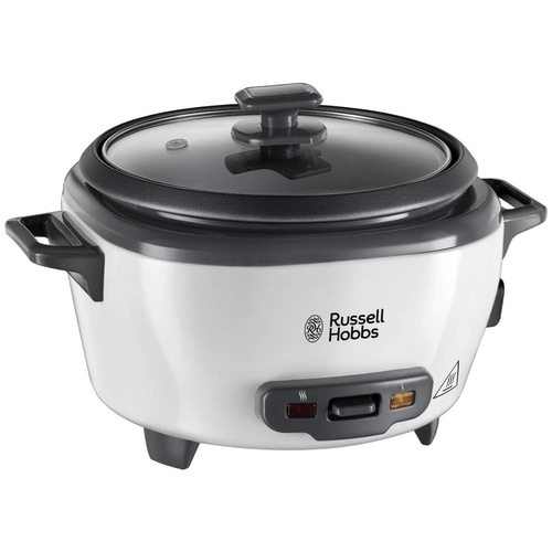 Ein weißer Reiskocher mit schwarzem Deckel und silbernen Griffen. Auf der Vorderseite ist das Russell Hobbs Logo.