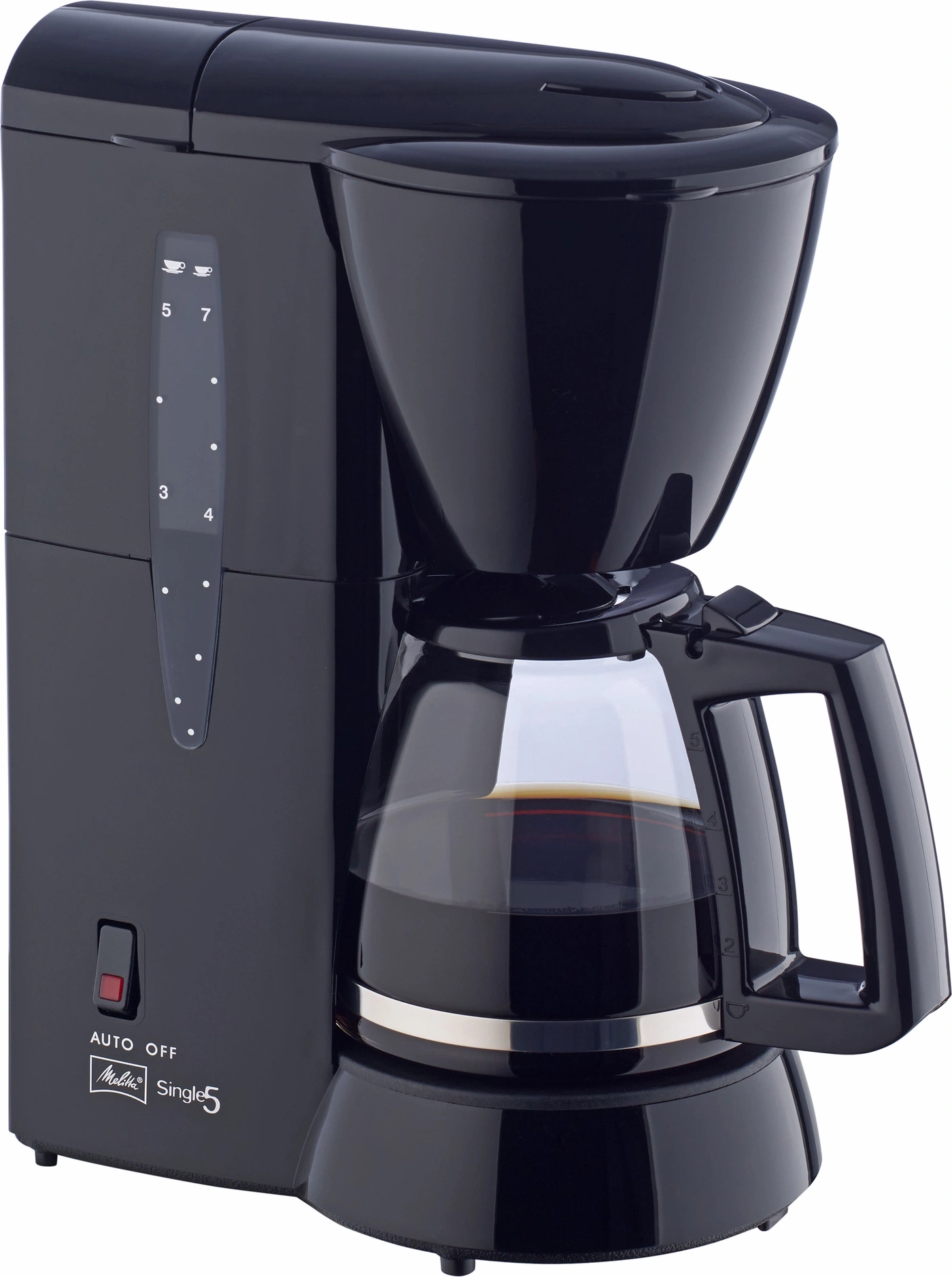 Schwarze Kaffeemaschine mit Glaskanne und Messanzeige für Kaffeezubereitung.