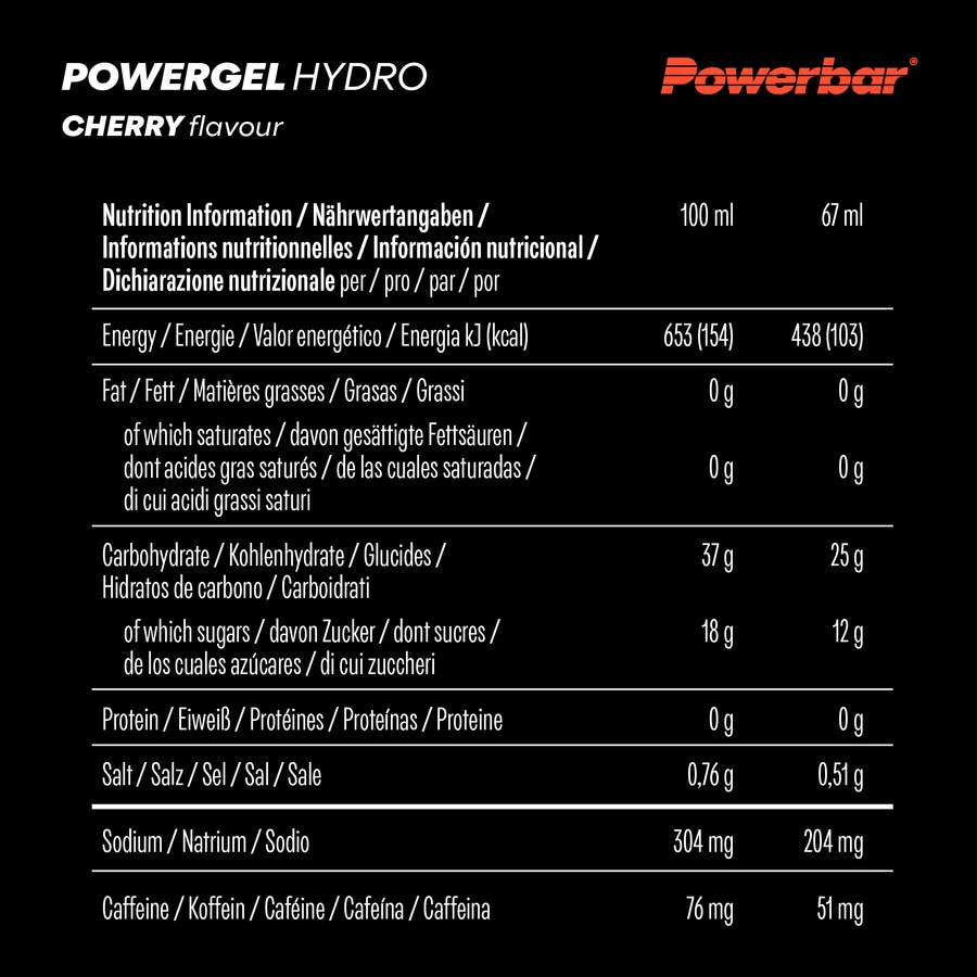 POWERBAR PowerGel Hydro Cherry High Carb Energie Gel Natrium Koffein 24 x 67 ml