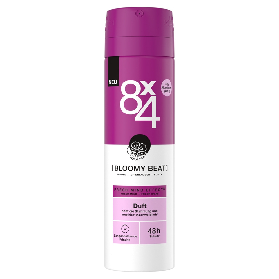 Eine lila Deo-Dose mit der Aufschrift "8x4 Bloomy Beat" und "Duft"