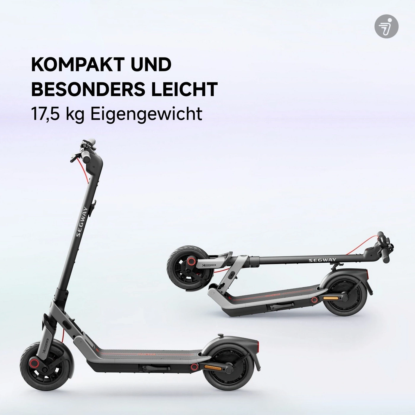 Kompakter und leichter Elektroroller mit 17,5 kg Eigengewicht.