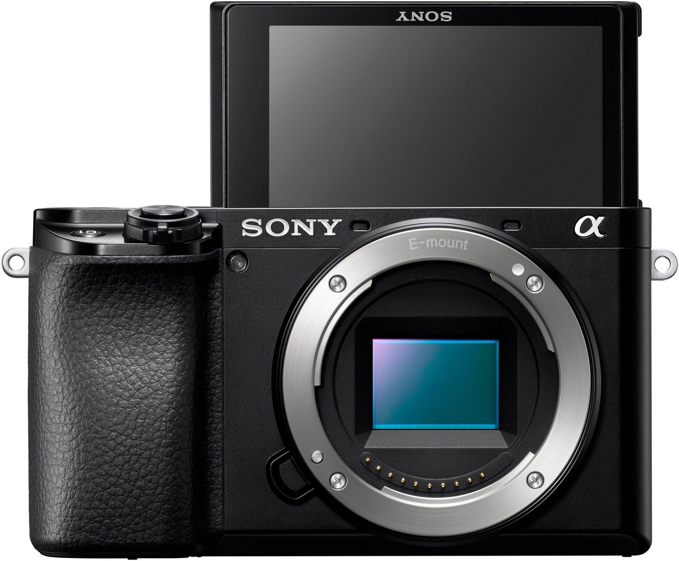 Eine Sony Alpha E-Mount Digitalkamera mit aufklappbarem Bildschirm.