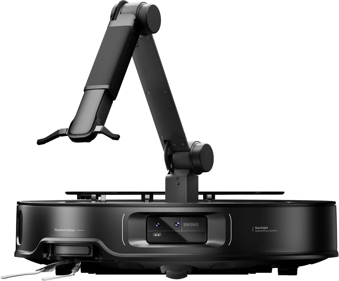 Ein schwarzer Roboter mit einem Roboterarm und Kameras