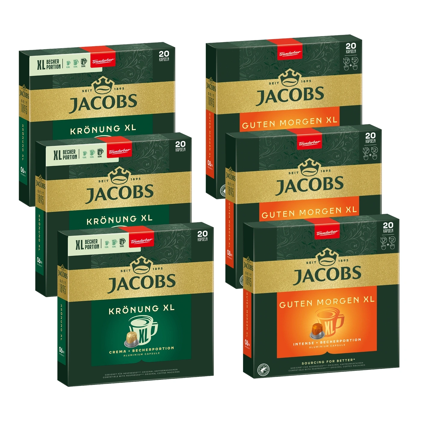 Drei Schachteln Jacobs Krönung XL und drei Schachteln Jacobs Guten Morgen XL