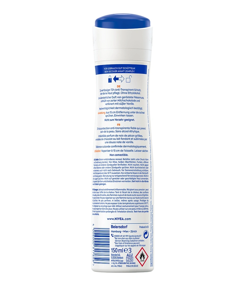 Eine Dose Nivea Deospray mit detaillierten Produktinformationen auf Deutsch und Französisch.