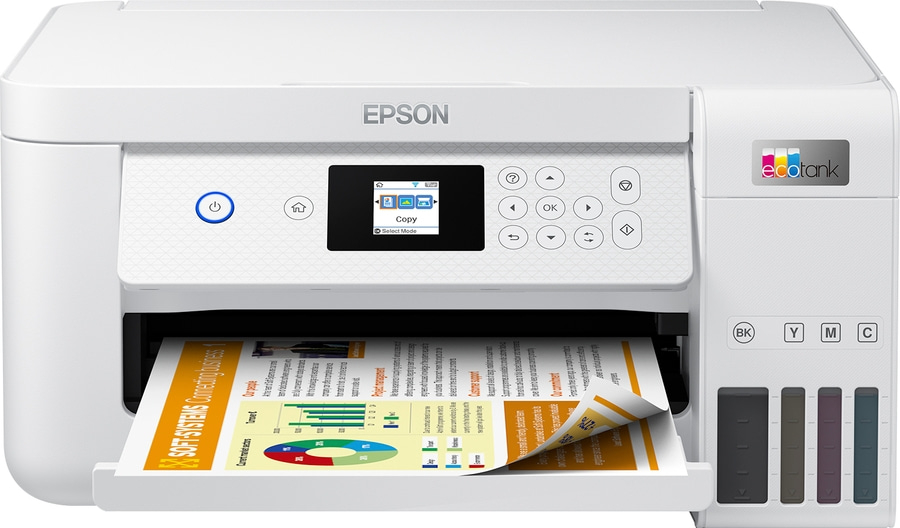 Epson-Drucker, weiß, mit Bedienfeld, ecotank, Kopierfunktion, Papierausgabe, Tintenbehälter.
