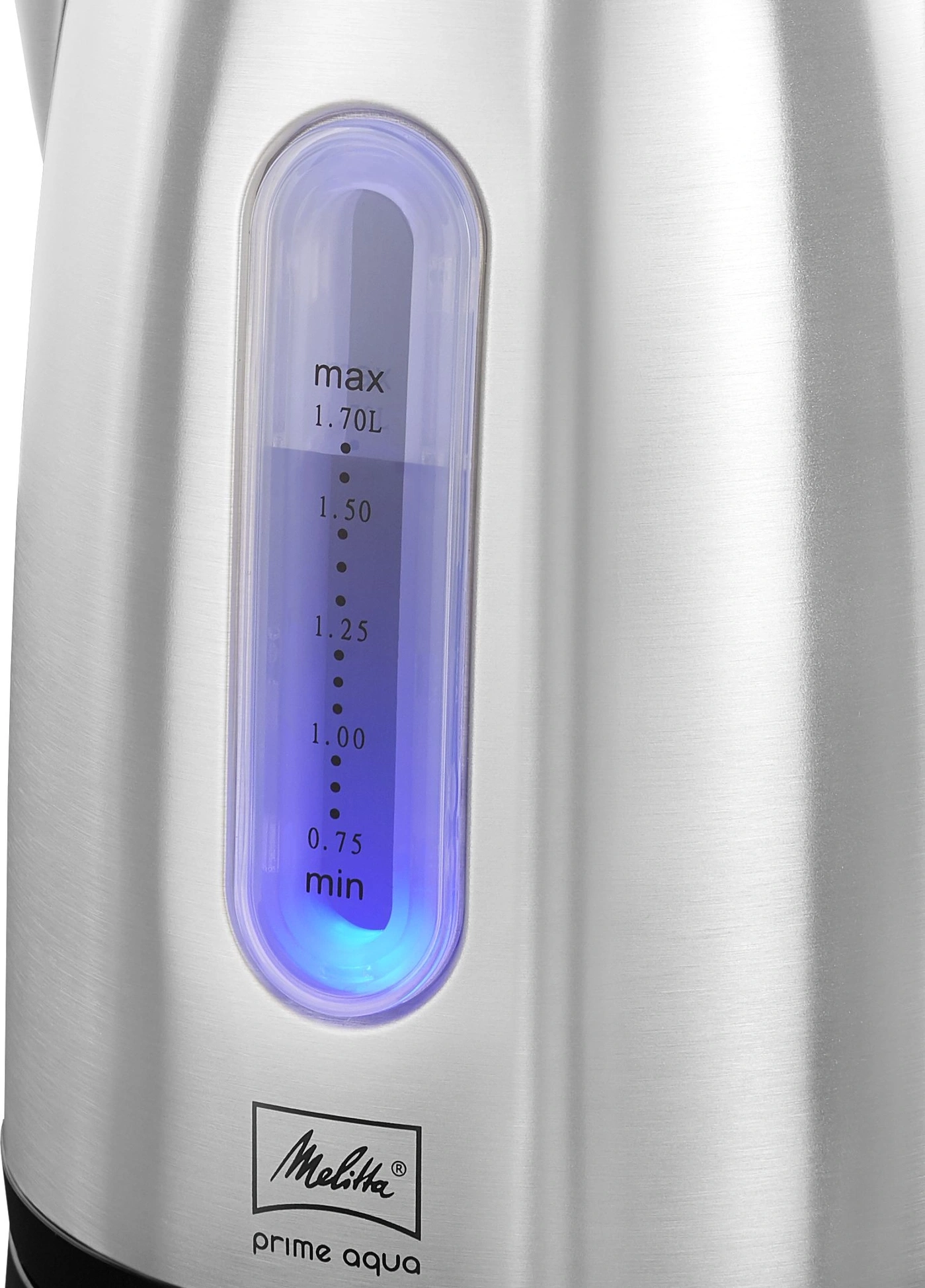 Wasserkocher mit Füllstandsanzeige, Melitta Prime Aqua, Edelstahl, blau beleuchtet