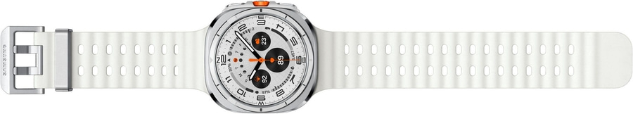 Weißes Smartwatch-Armband mit silberner Schnalle und silbernem Gehäuse