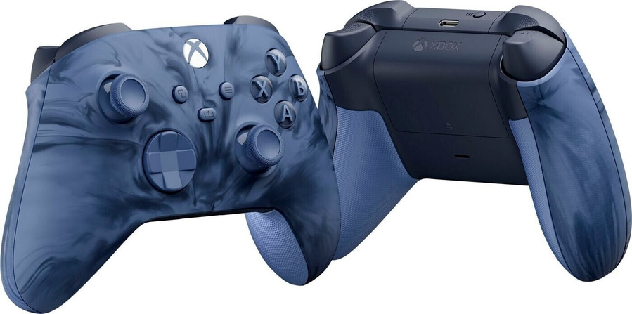 Xbox-Controller in Blau mit Marmormuster, Nahaufnahme, Gaming-Zubehör, Design