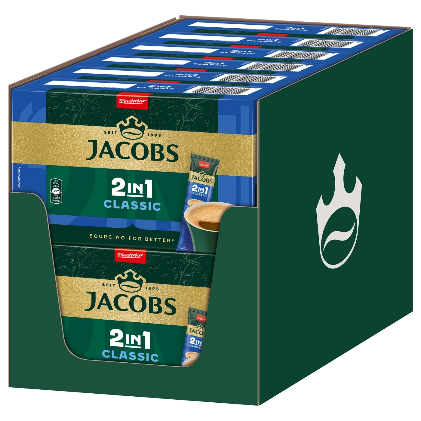 Jacobs 2in1 Classic Kaffee-Box, grün, gold, blau, mit Logo, Packung, Getränk, Kaffee