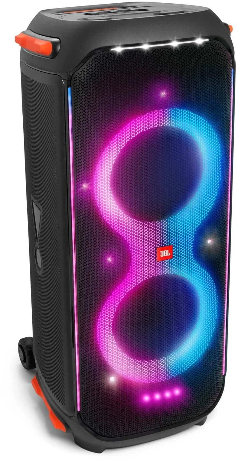 JBL PartyBox Lautsprecher mit bunten Lichtern und orangefarbenen Akzenten