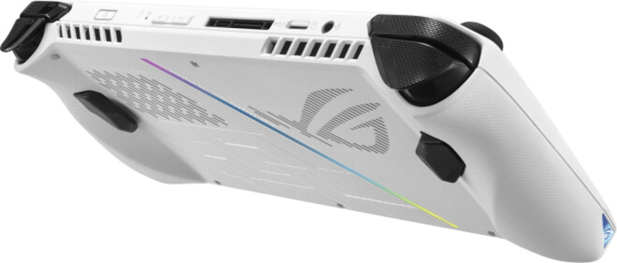 Weißes Handheld-Gaming-Gerät mit schwarzen Knöpfen und Lüftungsschlitzen, ROG-Logo.