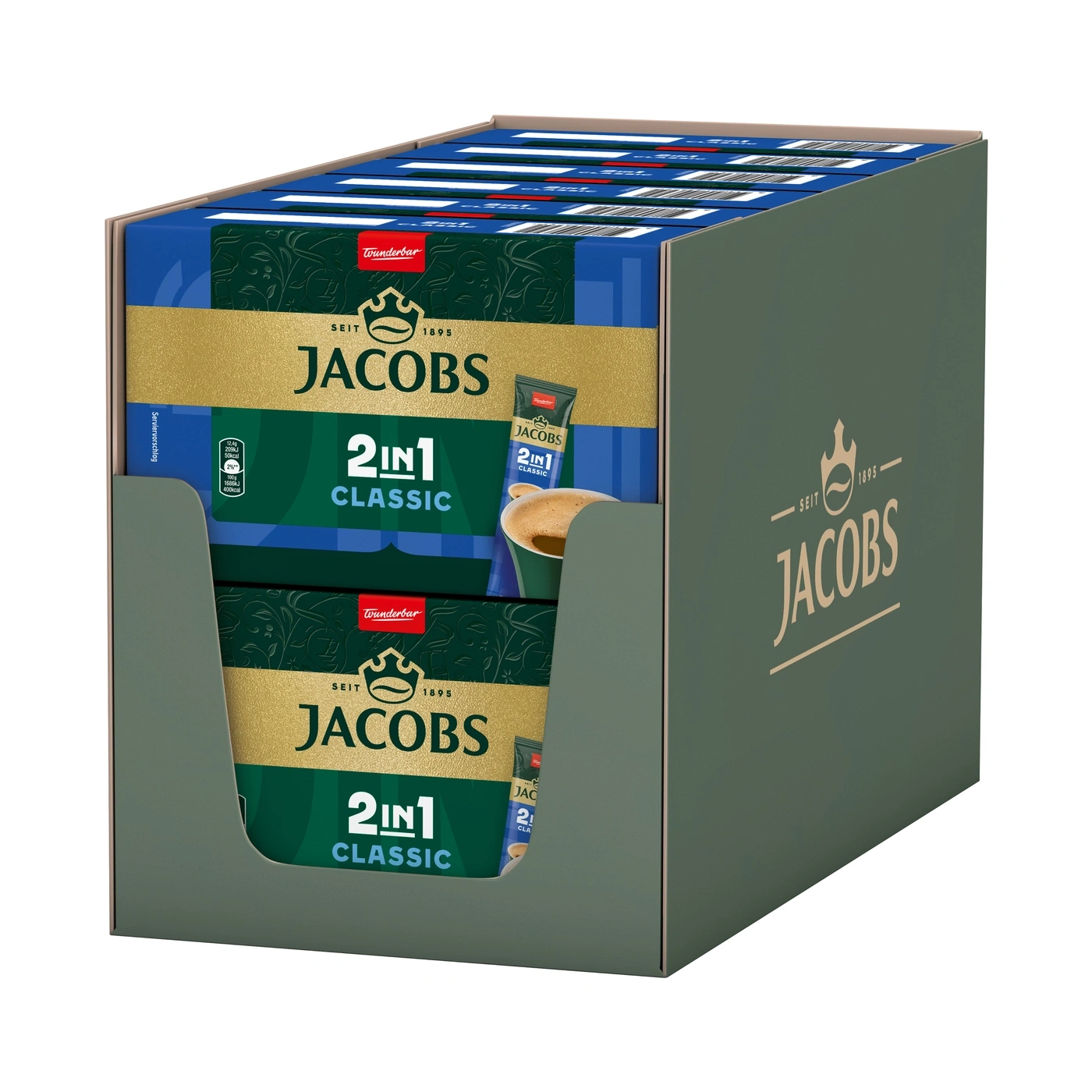 Ein Aufsteller mit Jacobs 2in1 Classic Kaffeepulver.