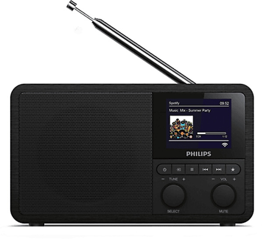 Schwarzes Philips Radio mit Bildschirm, Antenne und Knöpfen zur Bedienung.