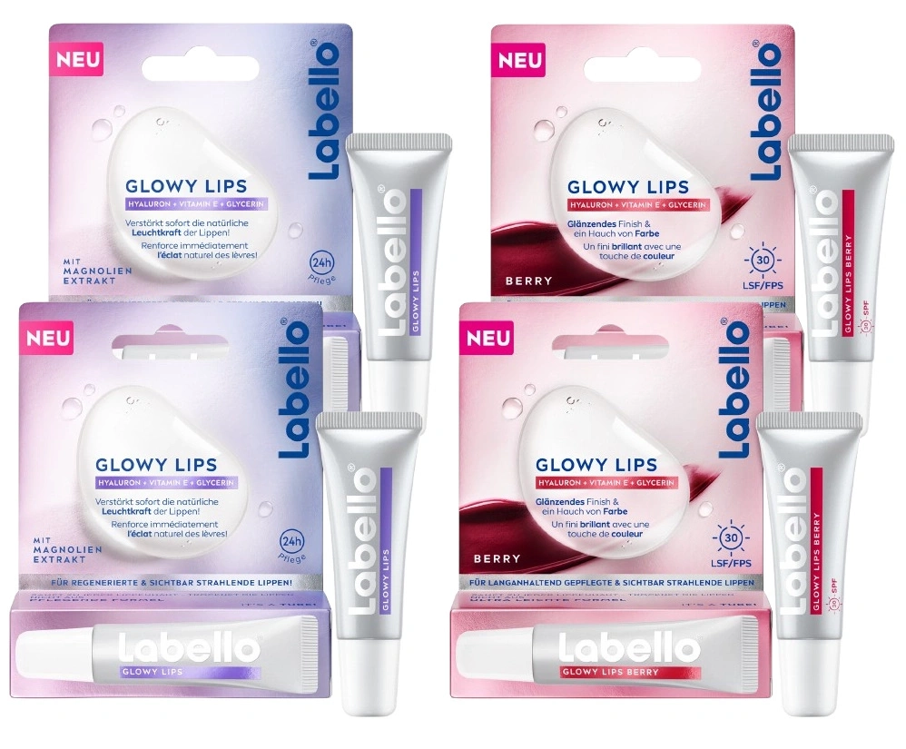 Zwei Packungen Labello GLOWY LIPS und zwei Packungen Labello GLOWY LIPS BERRY.
