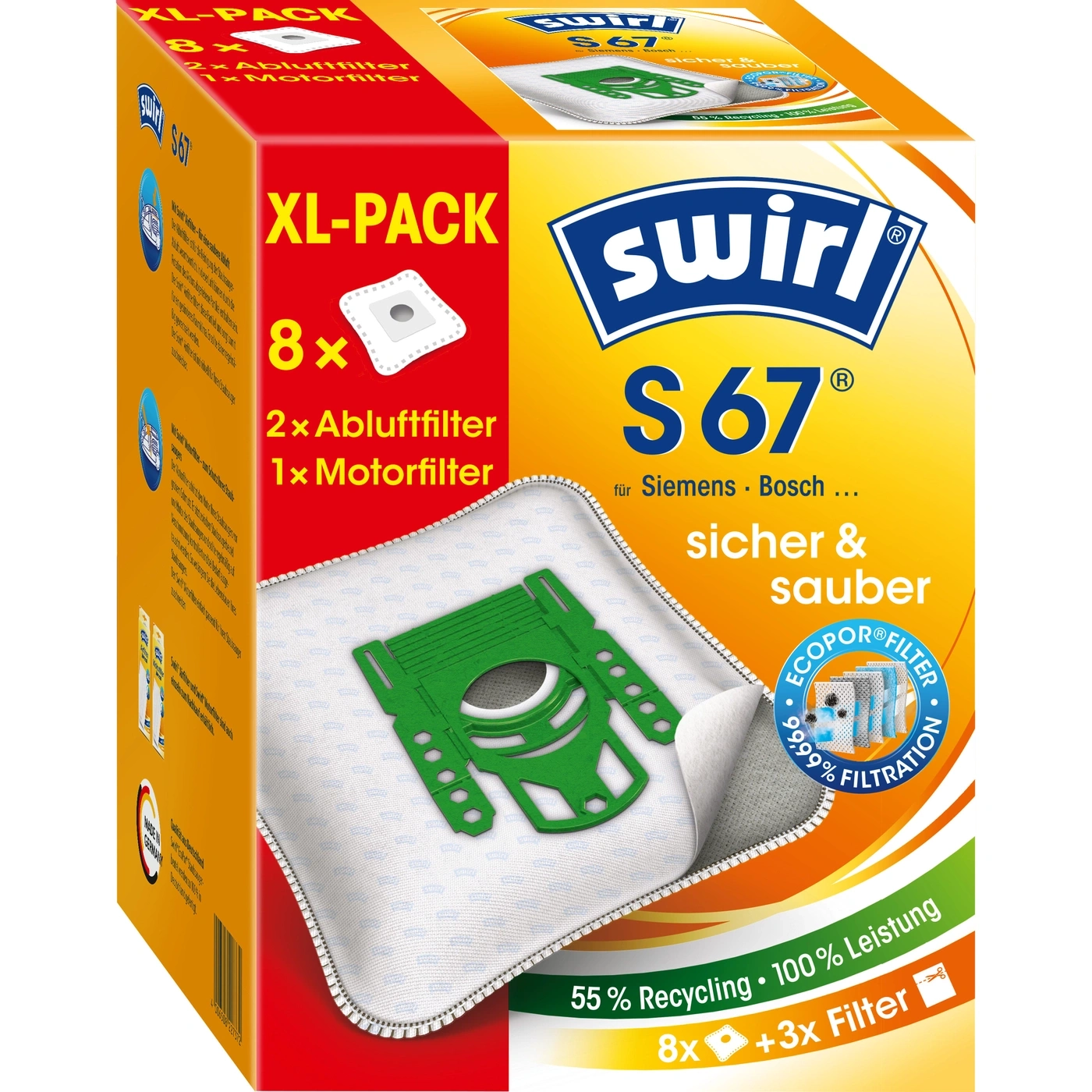 Swirl S67 Staubsaugerbeutel XL-Pack mit 8 Beuteln und Filtern für Siemens und Bosch