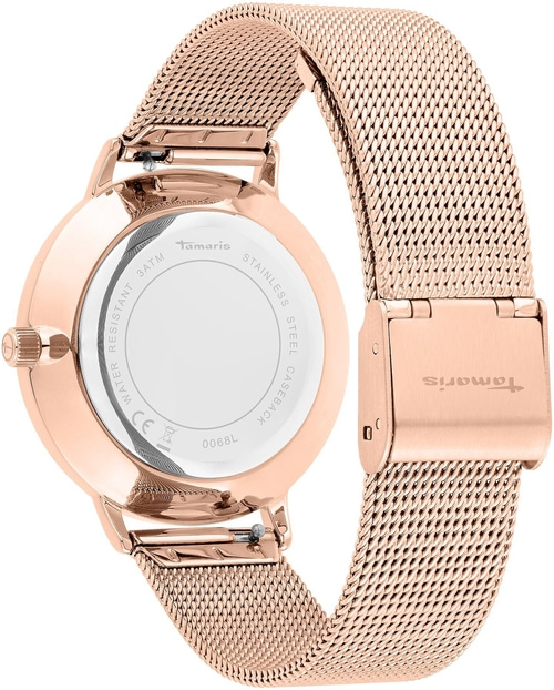 Eine Roségold-Damenuhr mit Milanaise-Armband und graviertem Gehäuseboden.