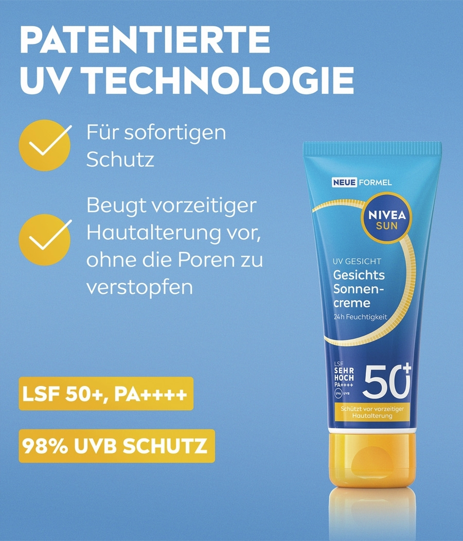 NIVEA SUN Gesichts-Sonnencreme mit LSF 50+, PA++++ und 98% UVB Schutz.