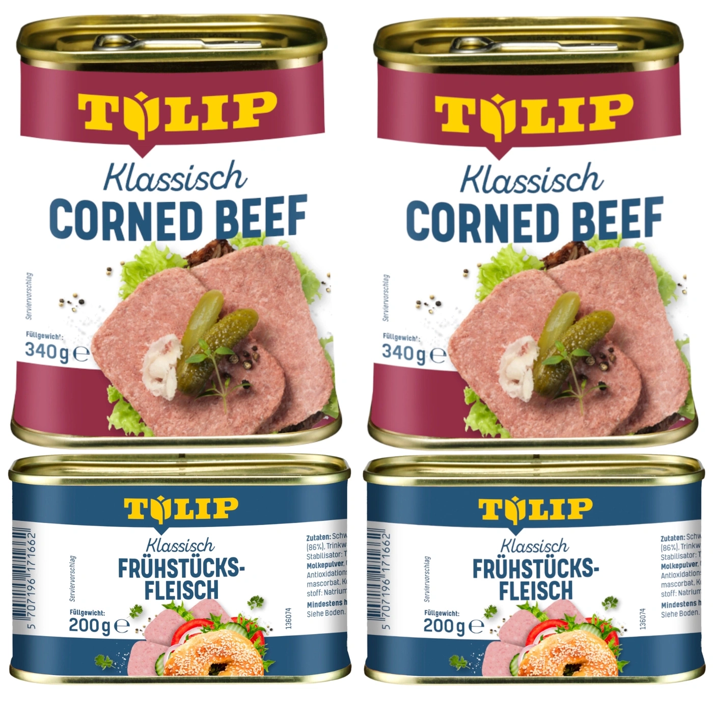 Zwei Dosen Tulip Klassisch Corned Beef und zwei Dosen Tulip Frühstücksfleisch.
