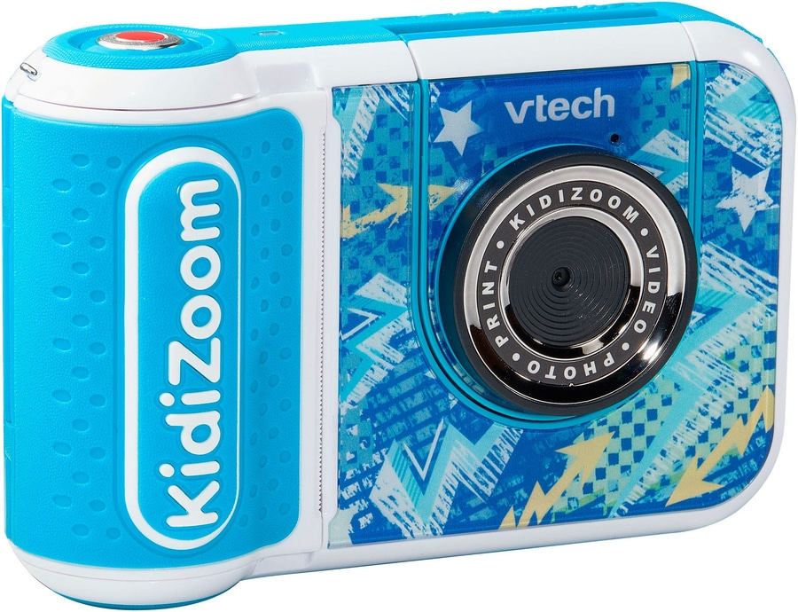 Blaue Kinderkamera mit "Kidizoom"-Aufschrift und Kamera-Objektiv