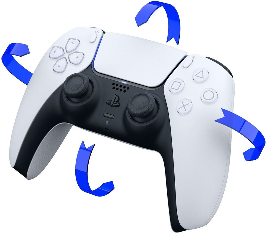 PlayStation 5 Controller mit blauen Bändern, weiß und schwarz.