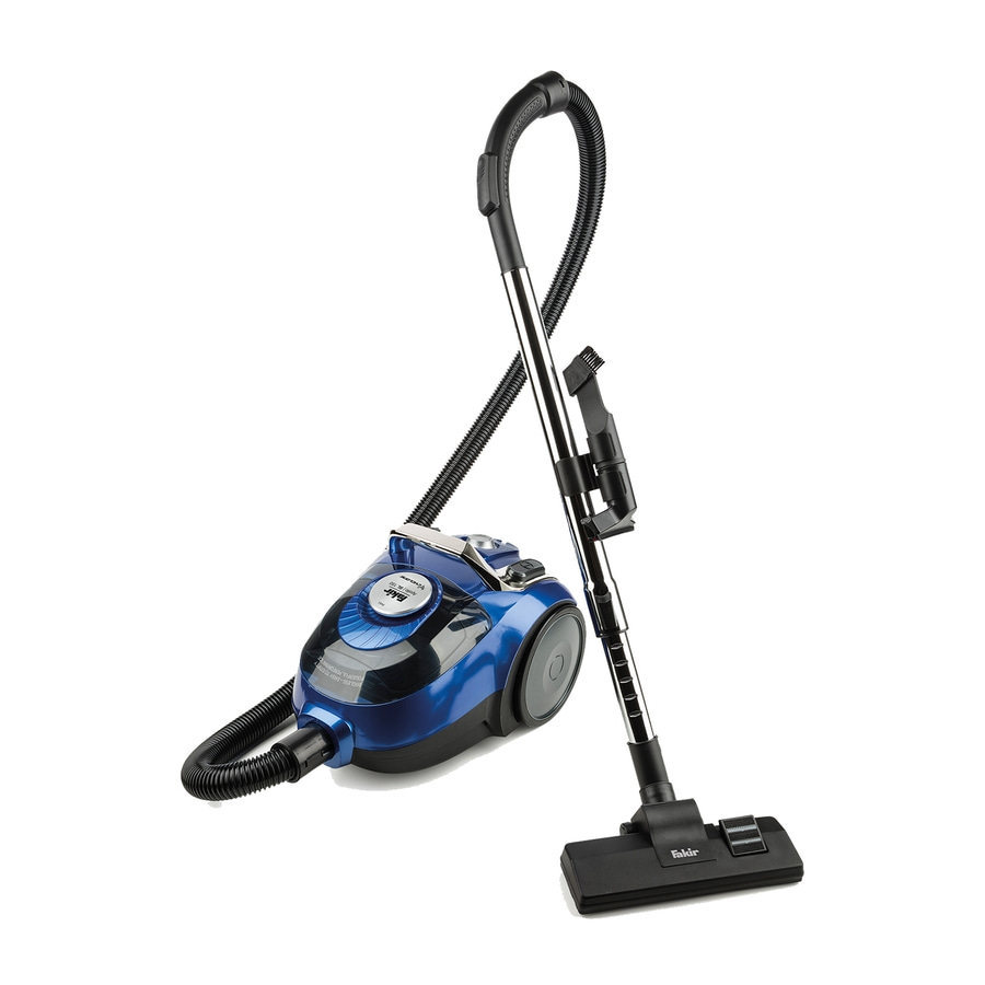 Ein blauer Fakir Staubsauger mit Zubehör auf weißem Hintergrund