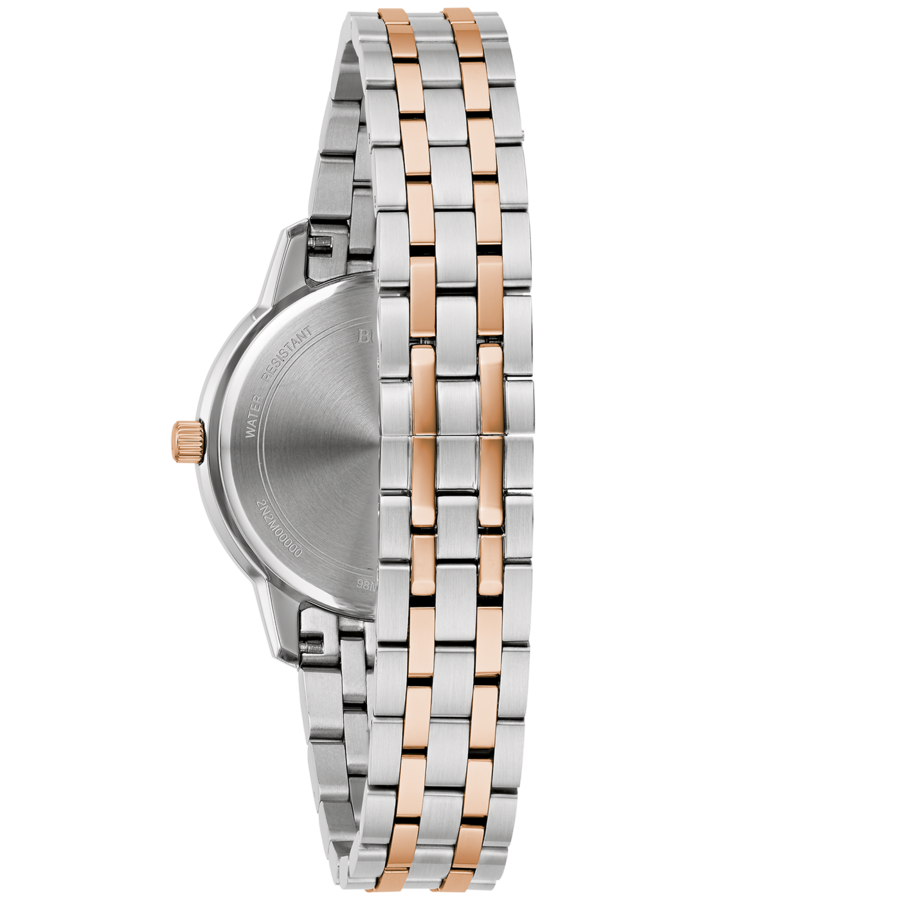 Uhr mit silbernem und roségoldfarbenem Armband, Nahaufnahme, Detailaufnahme, Wasserfest