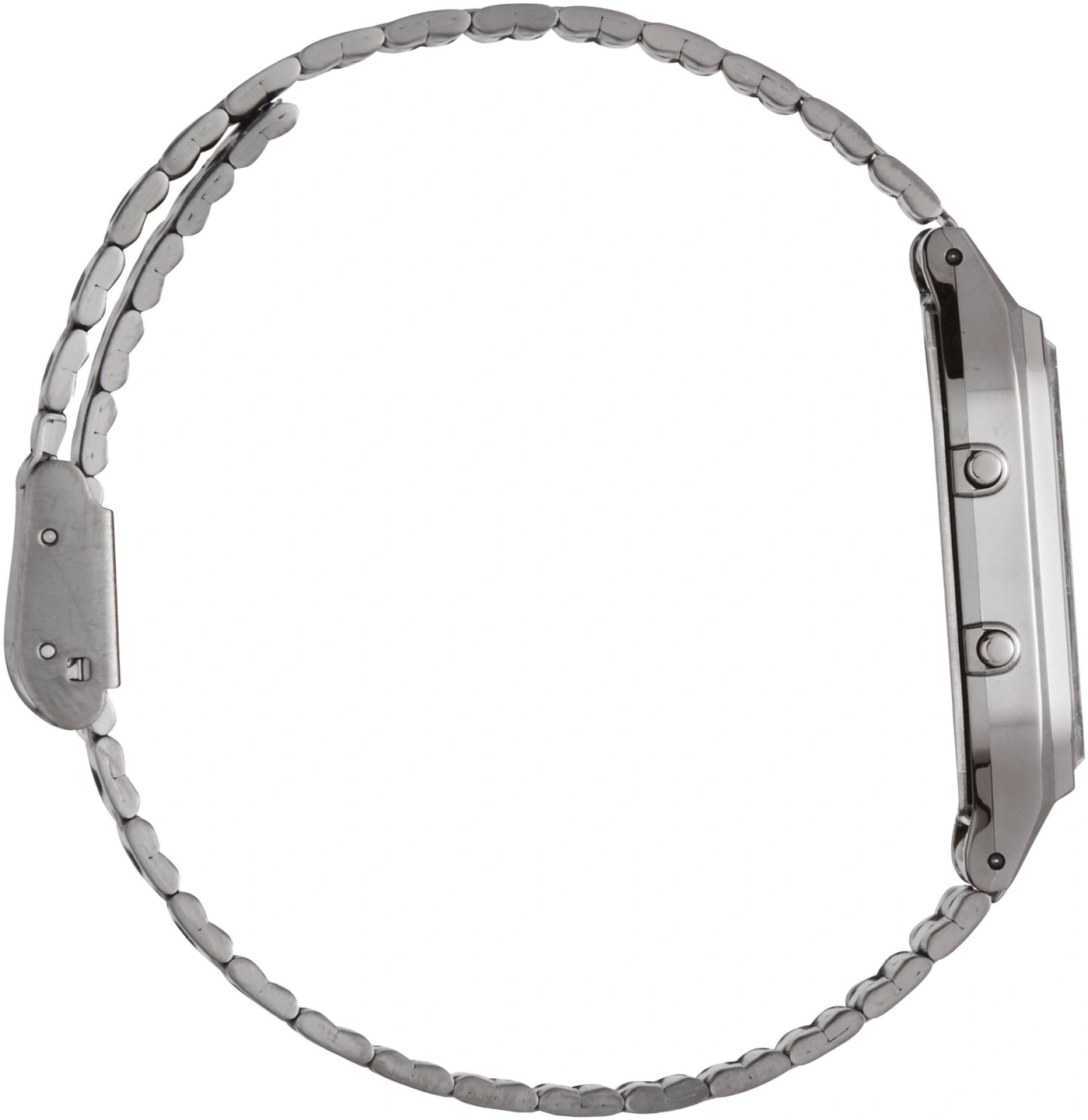 Eine Seite der Uhr mit Metallarmband und seitlichen Knöpfen