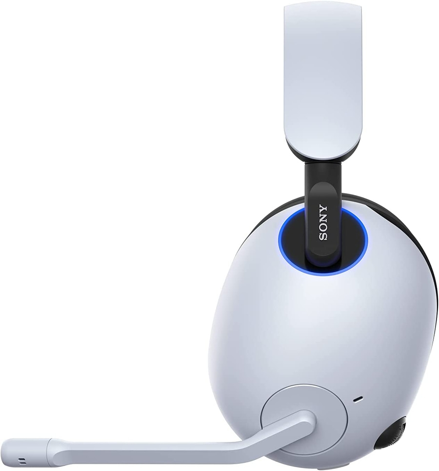 Weißes Sony-Headset mit Mikrofon, blauem Licht und Sony-Logo.