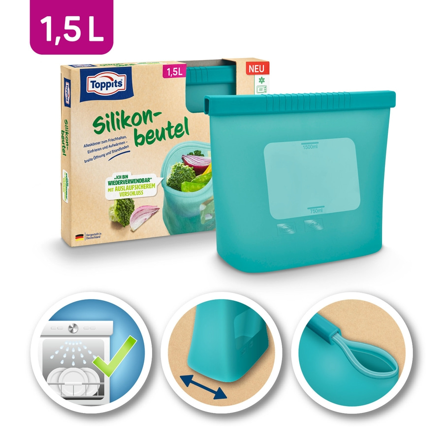 Toppits Silikon-beutel, wiederverwendbar, 1,5L, spülmaschinenfest, breite Öffnung, Standboden.