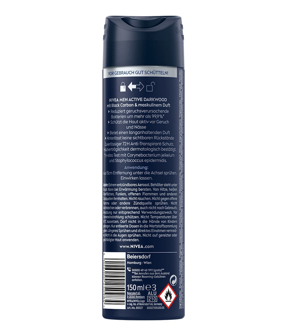 Die Vorderseite der NIVEA MEN ACTIVE DARKWOOD mit Black Carbon & maskulinem Duft Deospray-Dose.