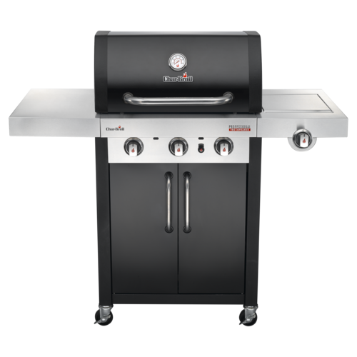 Schwarzer Gasgrill mit drei Brennern, Thermometer und Schrank mit Rädern.