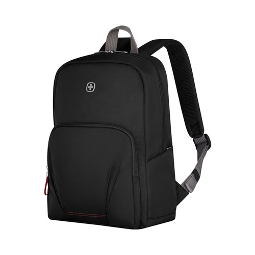 Schwarzer Rucksack mit grauem Griff und Schultergurten, Schweizer Kreuz