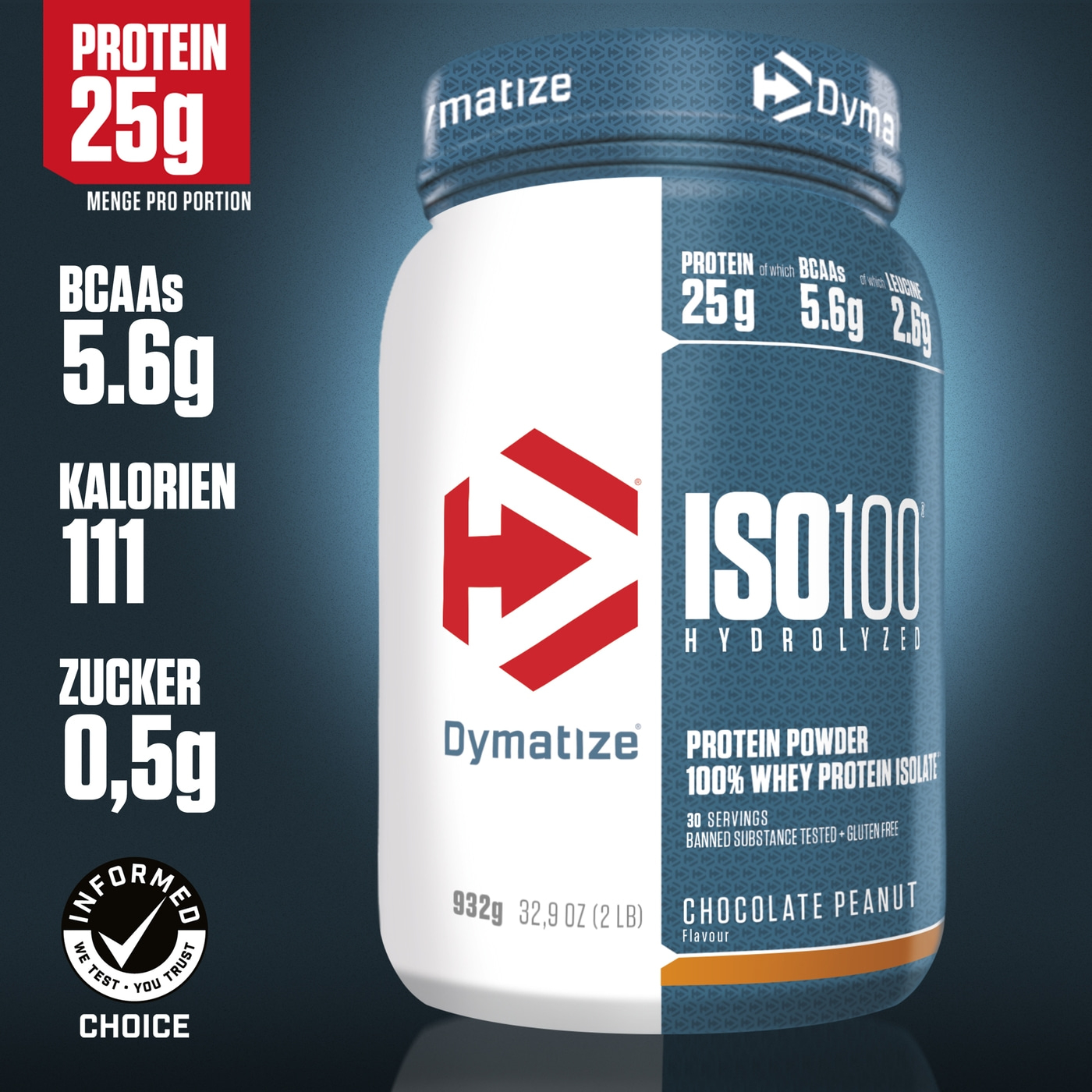 Dymatize ISO100 Protein Pulver, 25g Protein, 5.6g BCAAs, 111 Kalorien, 0.5g Zucker, Schoko-Erdnuss