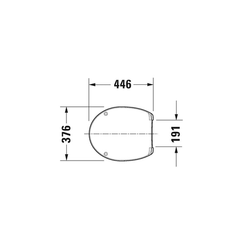 Toilettensitz mit Abmessungen: 446 mm Breite, 376 mm Länge, 191 mm Tiefe.