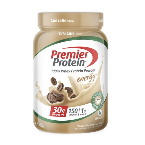 Premier Protein Pulver mit Koffein, Kaffee-Latte-Geschmack.