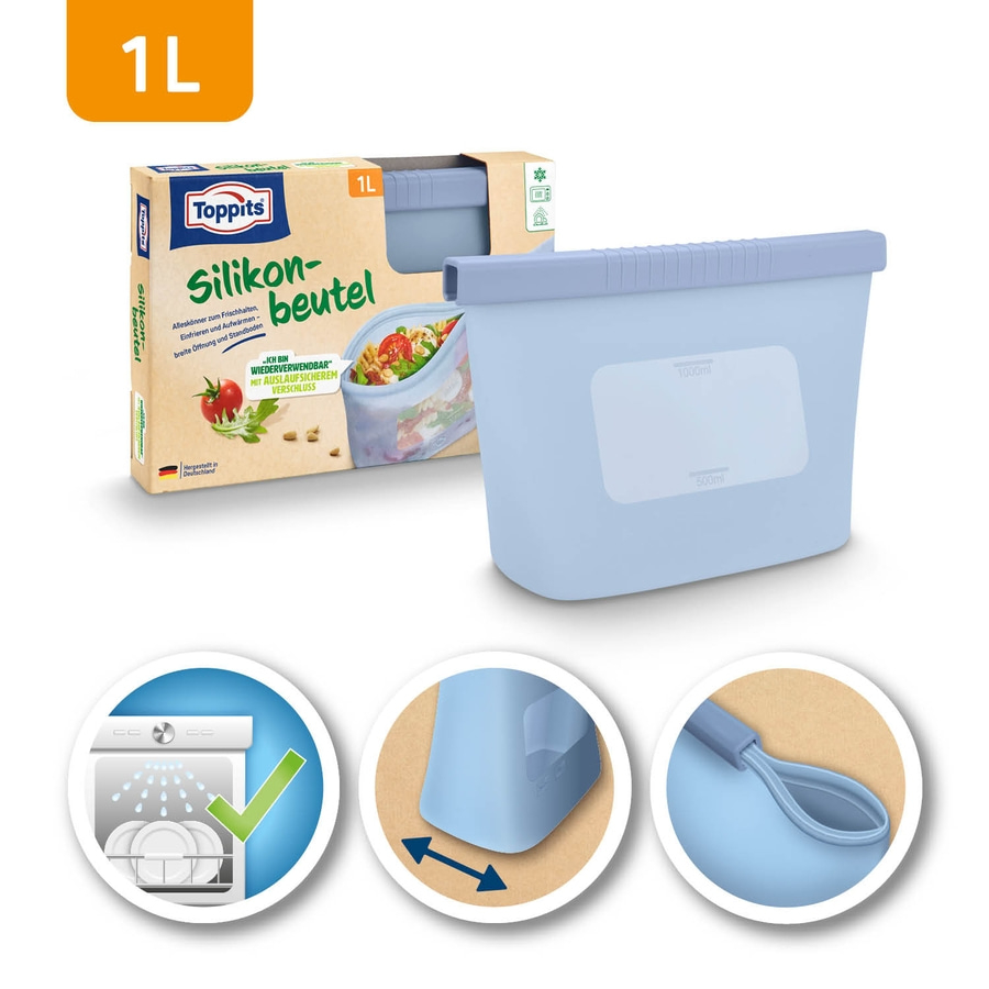 Toppits Silikon-Beutel, 1L, wiederverwendbar, auslaufsicher, spülmaschinenfest, breite Öffnung