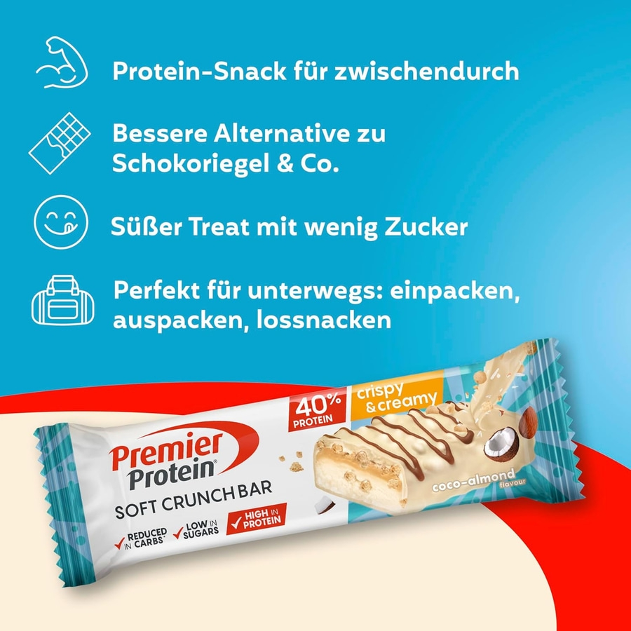 Premier Protein Soft Crunch Bar mit Kokos-Mandelgeschmack: proteinreicher Snack, besser als Schokoriegel, wenig Zucker, perfekt für unterwegs.