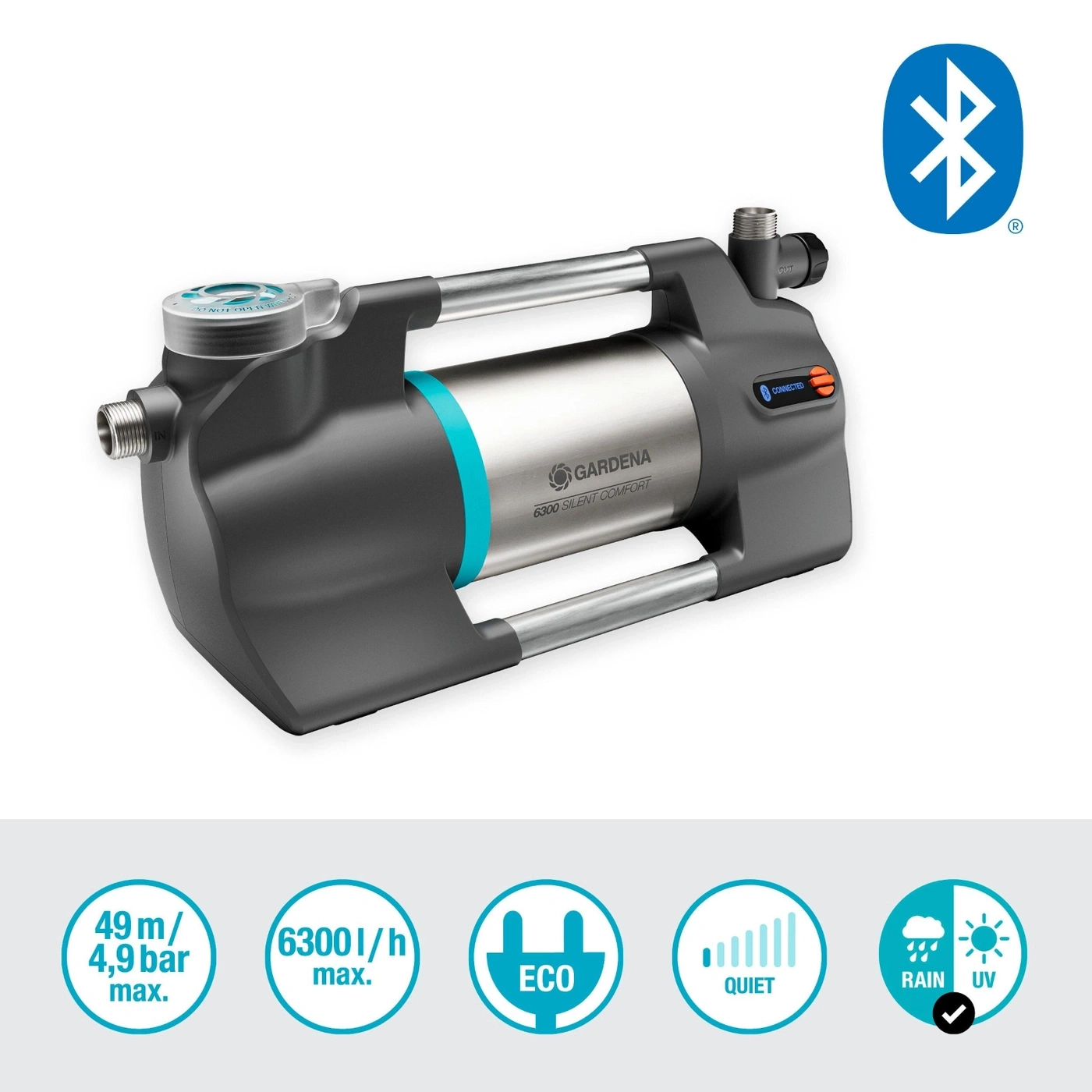 Gartenschlauchpumpe mit Bluetooth-Symbol und technischen Spezifikationen.