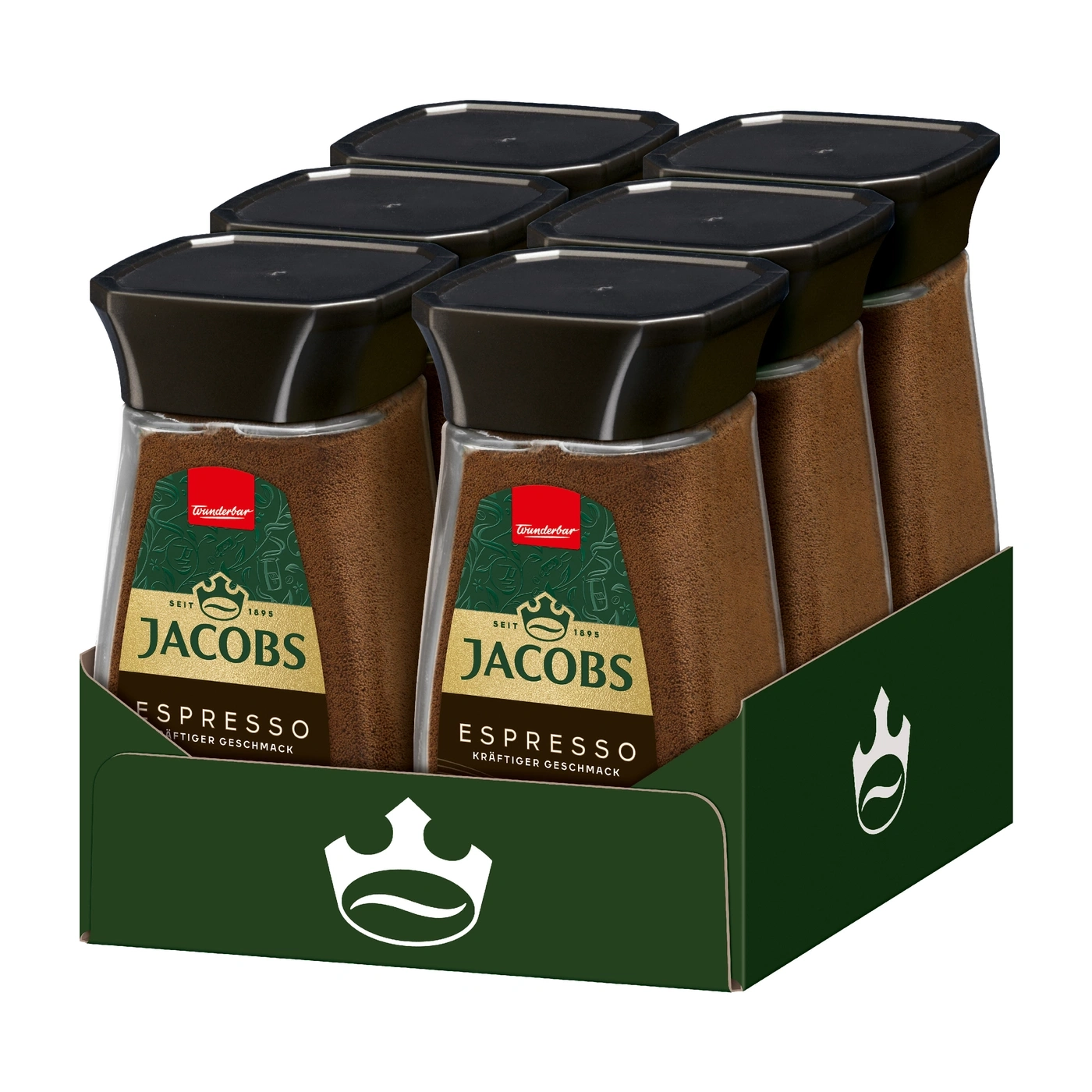 Jacobs Espresso Kaffeepackung, sechs Gläser in einer grünen Verpackung, Wunderbar