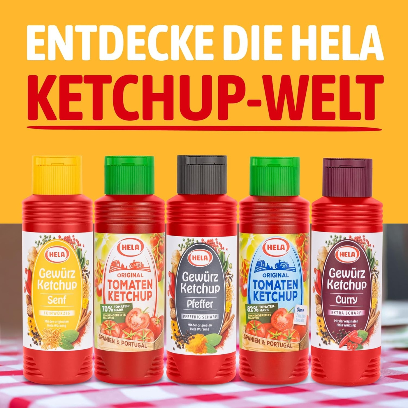 Hela Ketchup Vielfalt: Senf, Tomaten, Pfeffer und Curry Ketchup